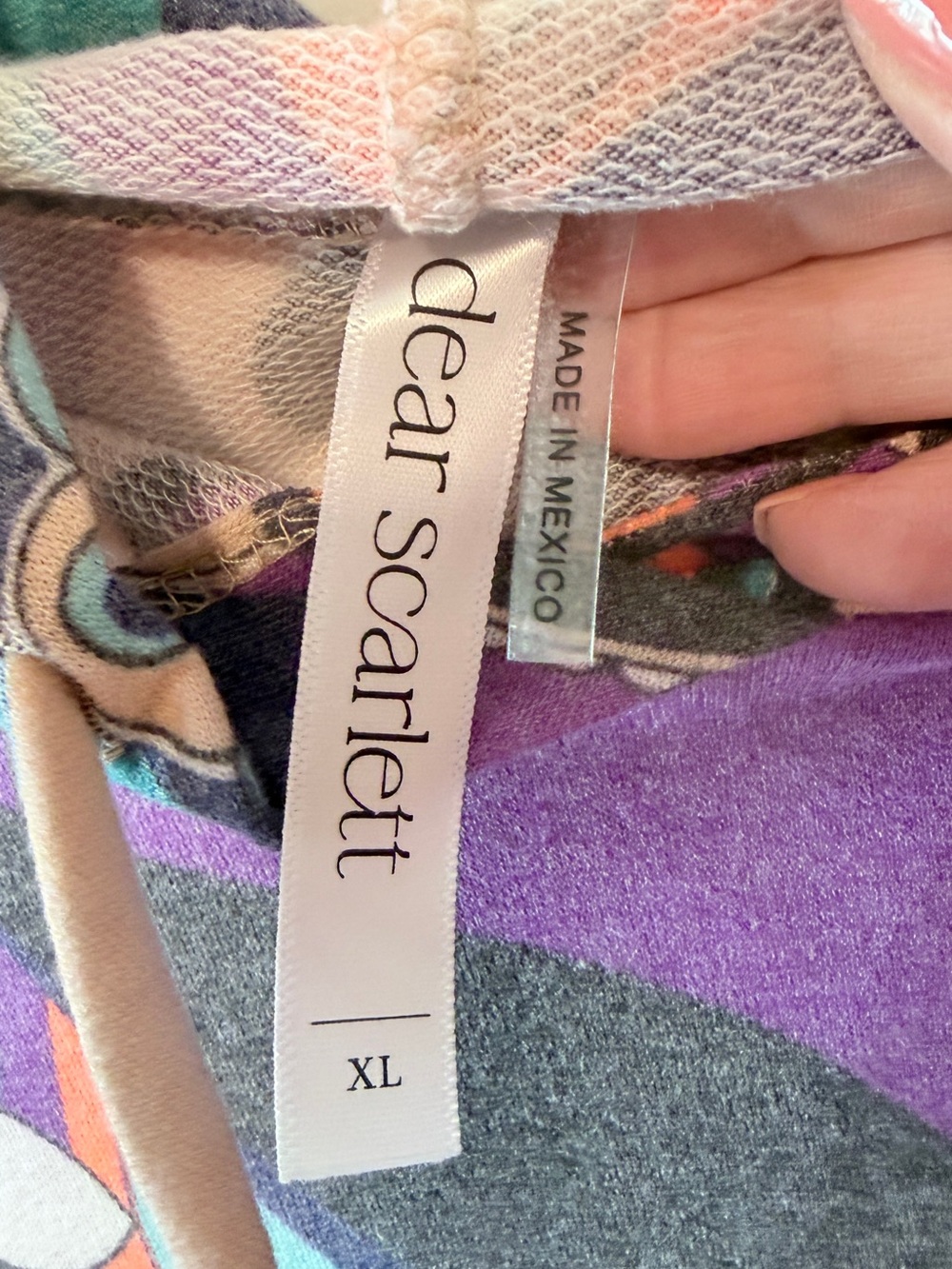 Abstract Dear Scarlett Scoop-Neck Hoodie Sweater in Multicolor Teal & Purple - Picture 9 of 9